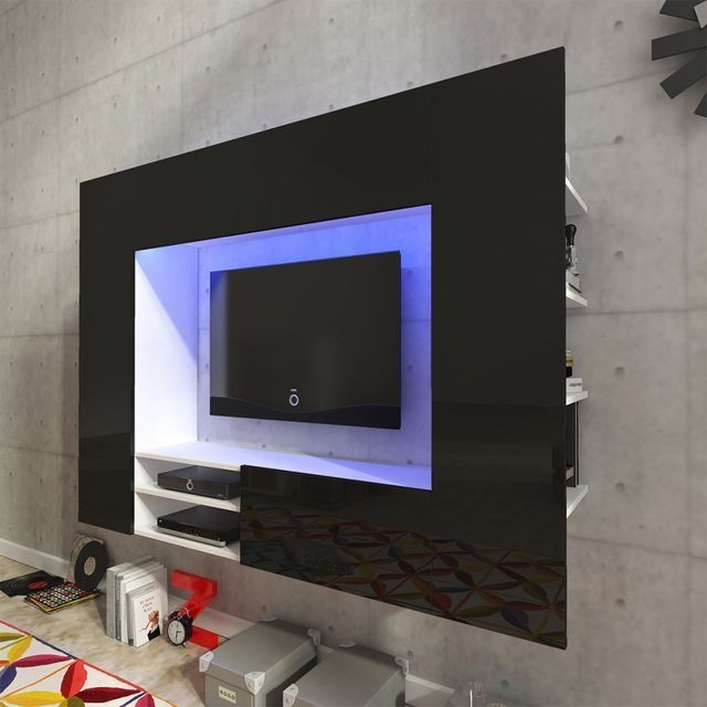 Vitrina lucioasa cu unitate TV ?i iluminare LED, 169,2 cm, Neagra foto mare Vitrina lucioasa cu unitate TV ?i iluminare LED, 169,2 cm, Neagra foto mare