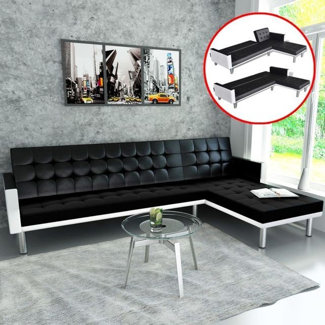 Canapea extensibilă în formă de L din piele artificială, negru foto mare Canapea extensibilă în formă de L din piele artificială, negru foto mare