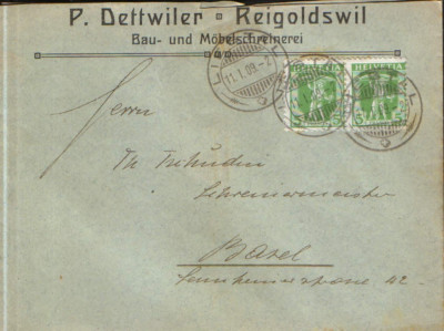 Elvetia - Plic circulat in 1909 - Mi.97-timbru verde 5c pereche orizontala,1907 foto