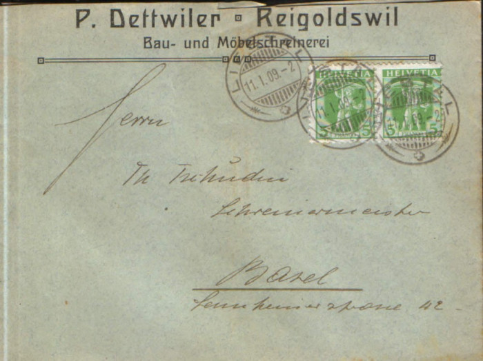 Elvetia - Plic circulat in 1909 - Mi.97-timbru verde 5c pereche orizontala,1907