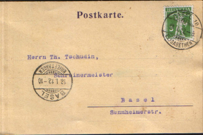 Elvetia - CP circulata in 1912 - Mi.113 typ II-timbru verde 5c,1910 - 2/scanuri