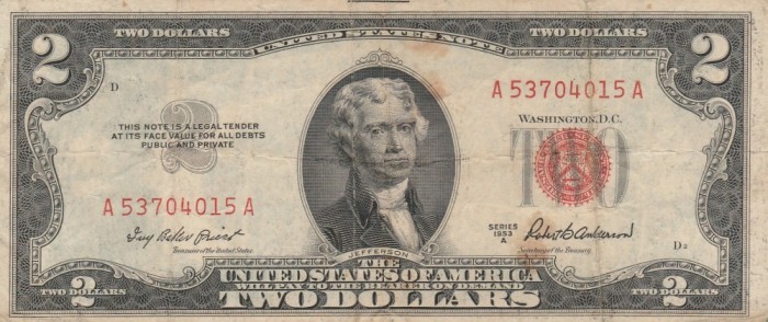 Statele Unite 2 Dollars 1953 A P.380a.Fr.1510 VG-F foto mare Statele Unite 2 Dollars 1953 A P.380a.Fr.1510 VG-F foto mare