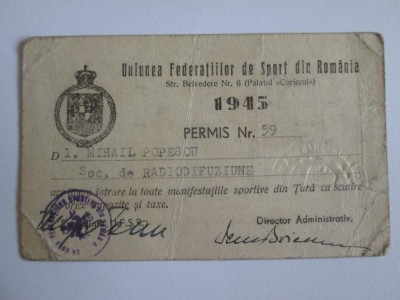 Raritate! Permis regalist U.F.S.R. din 1945,reporter Soc.de Radiodifuziune foto