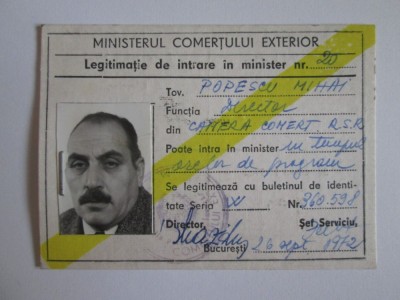 Legitimatie de intrare in Ministerul Comertului Exterior din 1972 foto