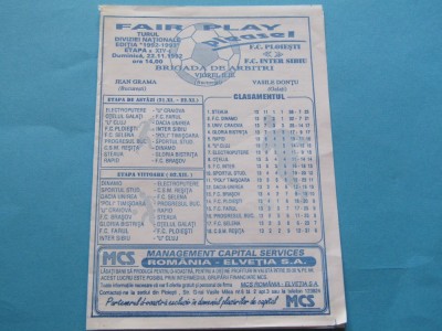 Program meci fotbal FC PLOIESTI(PETROLUL) - FC INTER SIBIU (22.11.1992) foto