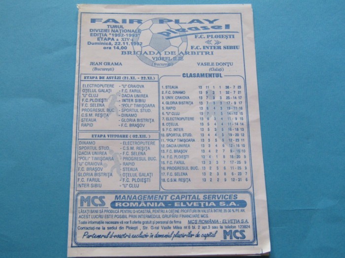 Program meci fotbal FC PLOIESTI(PETROLUL) - FC INTER SIBIU (22.11.1992)