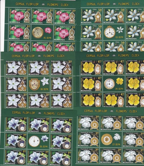 2013 LP1983 c CEASUL FLORILOR SET 6 MINICOLI DE 8 TIMBRE + 1 VINIETA MNH