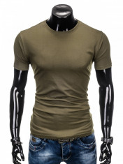 Tricou barbati, verde militar simplu, slim fit, mulat pe corp, bumbac - S884 foto