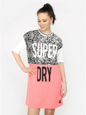 Rochie-tricou boyfriend fit roz neon&amp;amp;alb cu print Superdry foto