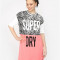 Rochie-tricou boyfriend fit roz neon&amp;alb cu print Superdry