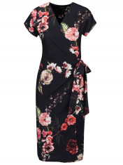 Rochie neagra cu print floral, funda in talie si model suprapus - Dorothy Perkins foto