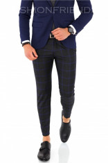 Pantaloni negri cu carouri albastre, slim fit, pentru barbati, eleganti, A1643 foto