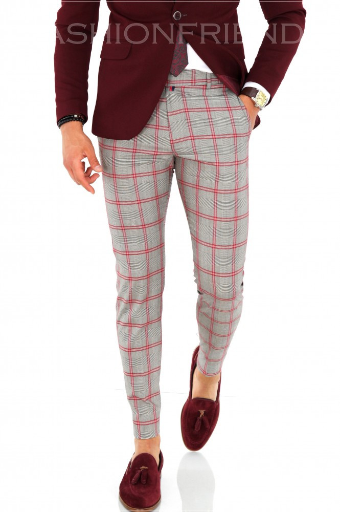 Pantaloni gri cu carouri rosii, slim fit, pentru barbati, eleganti, A1636  B1-6 | arhiva Okazii.ro