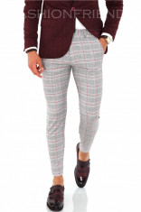 Pantaloni gri cu carouri rosii, slim fit, pentru barbati, eleganti, A1642 foto