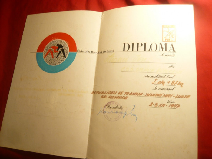 Diploma a Federatiei Romane de Lupte - locul I