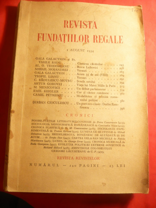 Revista Fundatiilor Regale 1 aug. 1934 ,cu Al.O.Teodoreanu . M.Mosandrei Ar.Goro