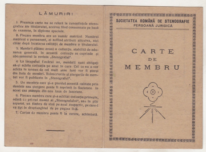 bnk div Societatea Romana de Stenografie - carte de membru 1947