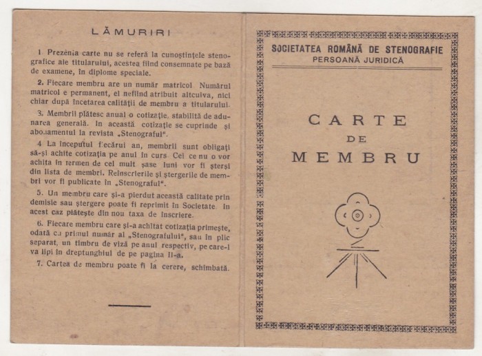 bnk div Societatea Romana de Stenografie - carte de membru 1947