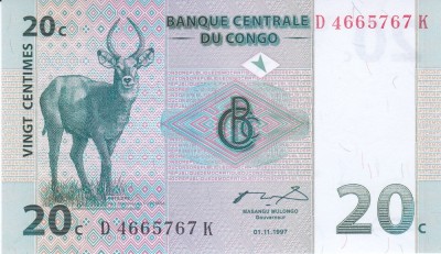 Bancnota Congo 20 Centime 1997 - P83 UNC foto