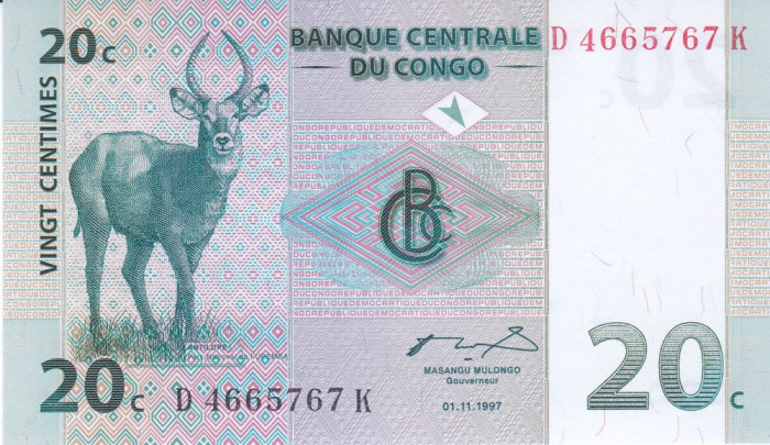 Bancnota Congo 20 Centime 1997 - P83 UNC