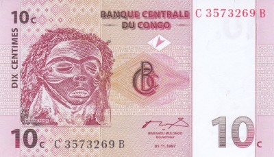 Bancnota Congo 10 Centime 1997 - P82 UNC foto