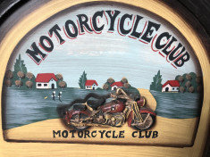 Reclama,placa germana,din lemn,in basorelief,chopper,Motorcycle club foto