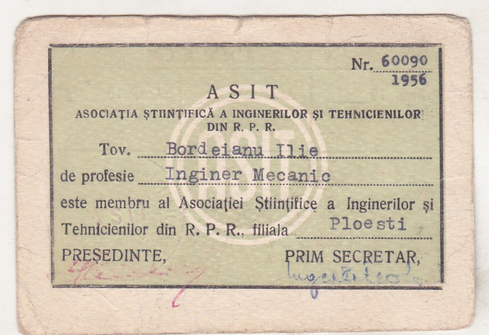 bnk div ASIT 1956 - legitimatie - timbrat 1957-1958
