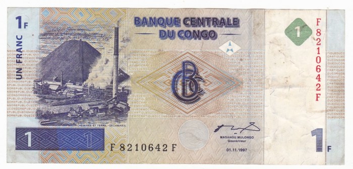 CONGO (Republica Democrata) 1 franc 1997 VF P-85 foto mare CONGO (Republica Democrata) 1 franc 1997 VF P-85 foto mare