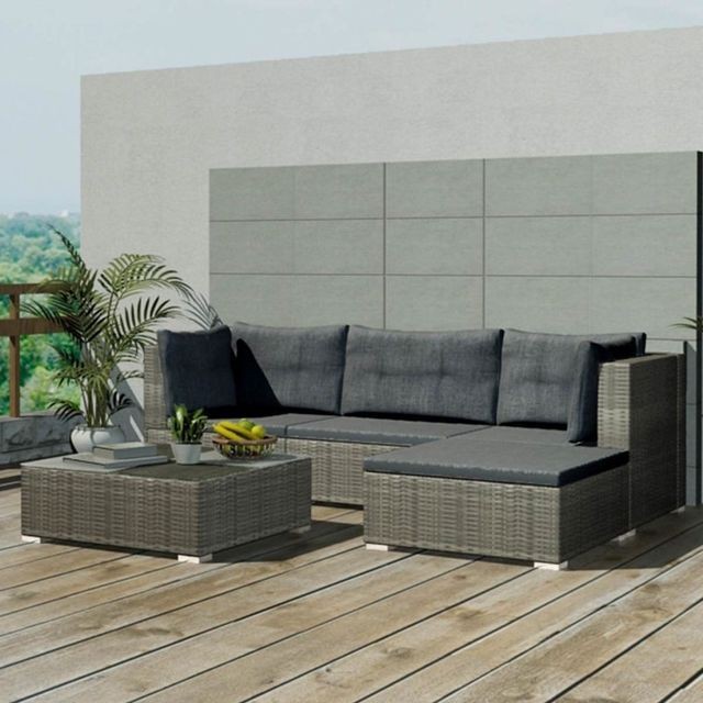 Set mobilier de gradina cu canapea 14 piese, poliratan, gri foto mare Set mobilier de gradina cu canapea 14 piese, poliratan, gri foto mare
