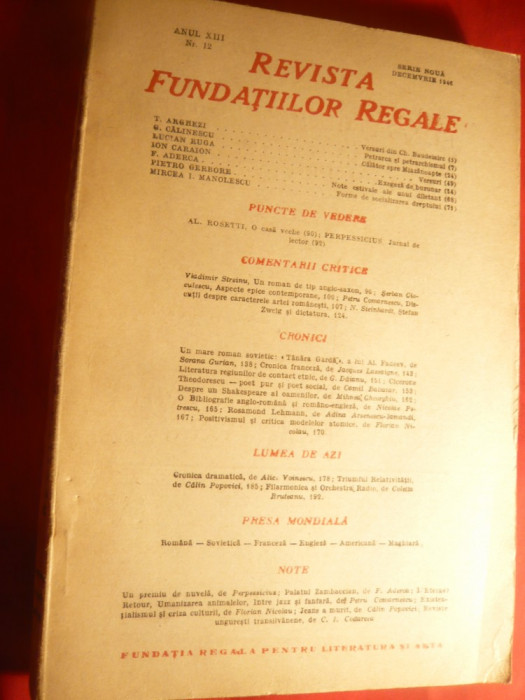 Revista Fundatiilor Regale dec. 1946 ,cu T.Arghezi ,I.Caraion ,F.Aderca,Al.Roset