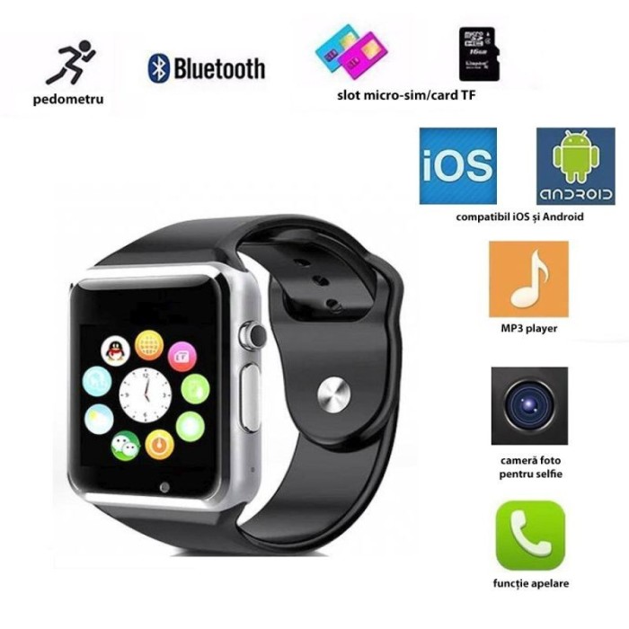 Ceas smart bluetooth 4.0, slot SIM, camera 3 MP, 17 functii, touchscreen, negru foto mare Ceas smart bluetooth 4.0, slot SIM, camera 3 MP, 17 functii, touchscreen, negru foto mare