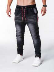 Blugi pentru barbati, negri cu siret, elastici, semi-tur, slim fit, banda jos - P648 foto