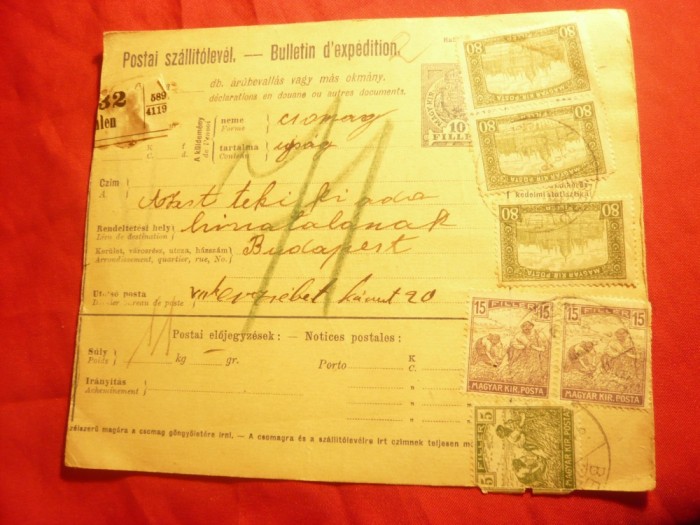 Buletin de Expeditie Ungaria 1918 cu marca fixa 10 filler si 3x80 filleri marci