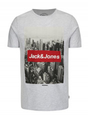 Tricou gri melanj din bumbac cu print - Jack &amp;amp; Jones Face foto
