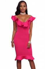 T544-55 Rochie fuchsia de cocktail, cu decolteu bardot si volanase foto