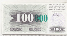 bnk bn Bosnia 100000 dinari 1993 unc , supratipar verde mare foto