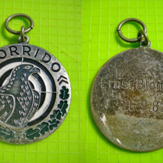 Medalia Vanatoare Horrido-Ernst Blomeke 1982-Germania,bronz argintat emailat 4cm