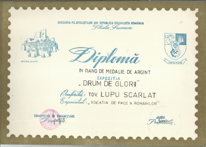 AMS# - FILATELIE, DIPLOMA MEDALIE DE ARGINT EXPOZITIA &quot;DRUM DE GLORII&quot;