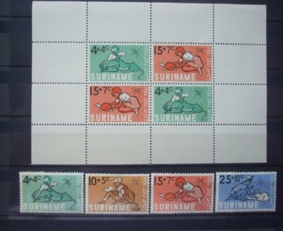 SURINAM 1965 - EDUCATIE, TERAPIE CU ANIMALE A COPIILOR, serie si bloc MNH, DS12 foto
