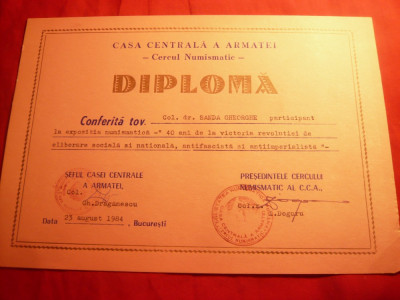 2 Diplome CCA -Cercul Numismatic cu stampila Expozitia Olimpica Numismatica1984 foto