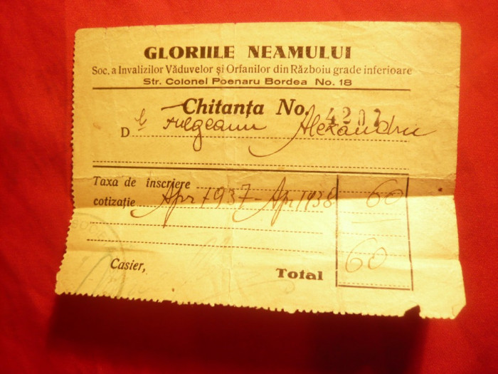 Chitanta cu Antet Gloriile Neamului -1938 Soc. Invalizi ,Vaduve de Razboi