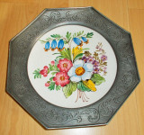 Farfurie - decorativa / colectie - zinc + ceramica - flori - pictate manual