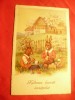 Ilustrata Paste Fam. Iepurasi Vopsind Oua, Circa 1932, Carte Postala Tematica de Colectie