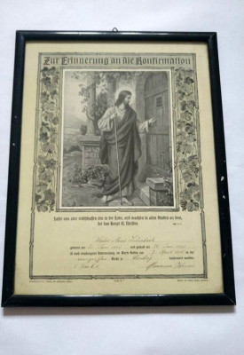 Tablou cu certificat de prima impartasanie (confirmare in biserica) din 1918 foto