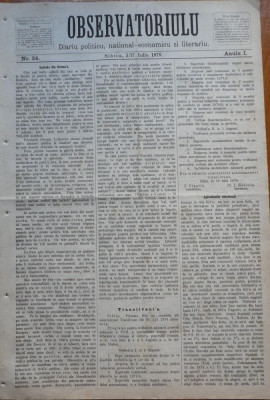 Ziarul Observatorul ; Politic , national si literar , an 1 ,nr. 54 , Sibiu ,1878 foto