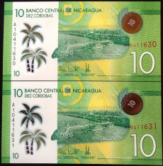 Lot/Set 2 Bancnote Serii Consecutive 10 Cordobas - NICARAGUA *cod 506 UNC foto