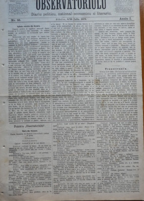 Ziarul Observatorul ; Politic , national si literar , an 1 ,nr. 55 , Sibiu ,1878 foto