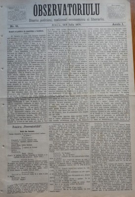 Ziarul Observatorul ; Politic , national si literar , an 1 ,nr. 51 , Sibiu ,1878 foto