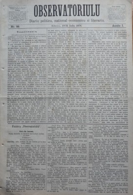 Ziarul Observatorul ; Politic , national si literar , an 1 ,nr. 58 , Sibiu ,1878 foto