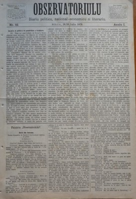 Ziarul Observatorul ; Politic , national si literar , an 1 ,nr. 52 , Sibiu ,1878 foto